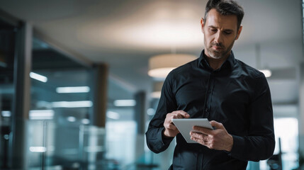 Businessman using tablet in modern open office space.