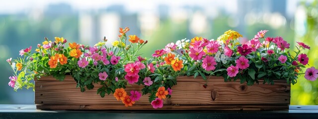 Fototapeta premium A window sill holds a wooden planter brimming with vibrant flowers against a urban backdrop