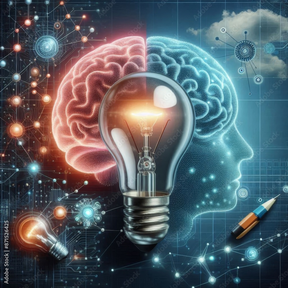 Poster evoke inventive thinking, design a scene where a bulb, symbolizing future tech, intersects with a br