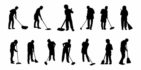 silhouette of a person sweeping or mopping