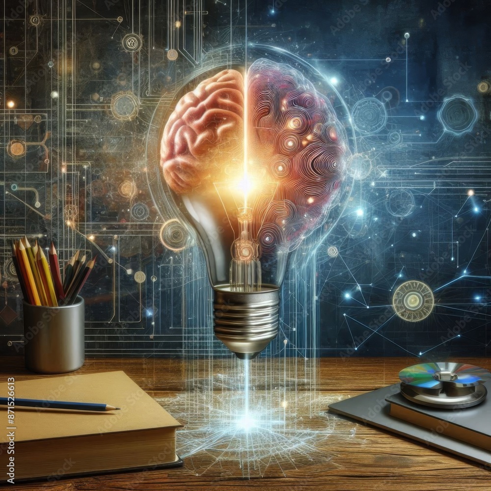 Poster evoke inventive thinking, design a scene where a bulb, symbolizing future tech, intersects with a br