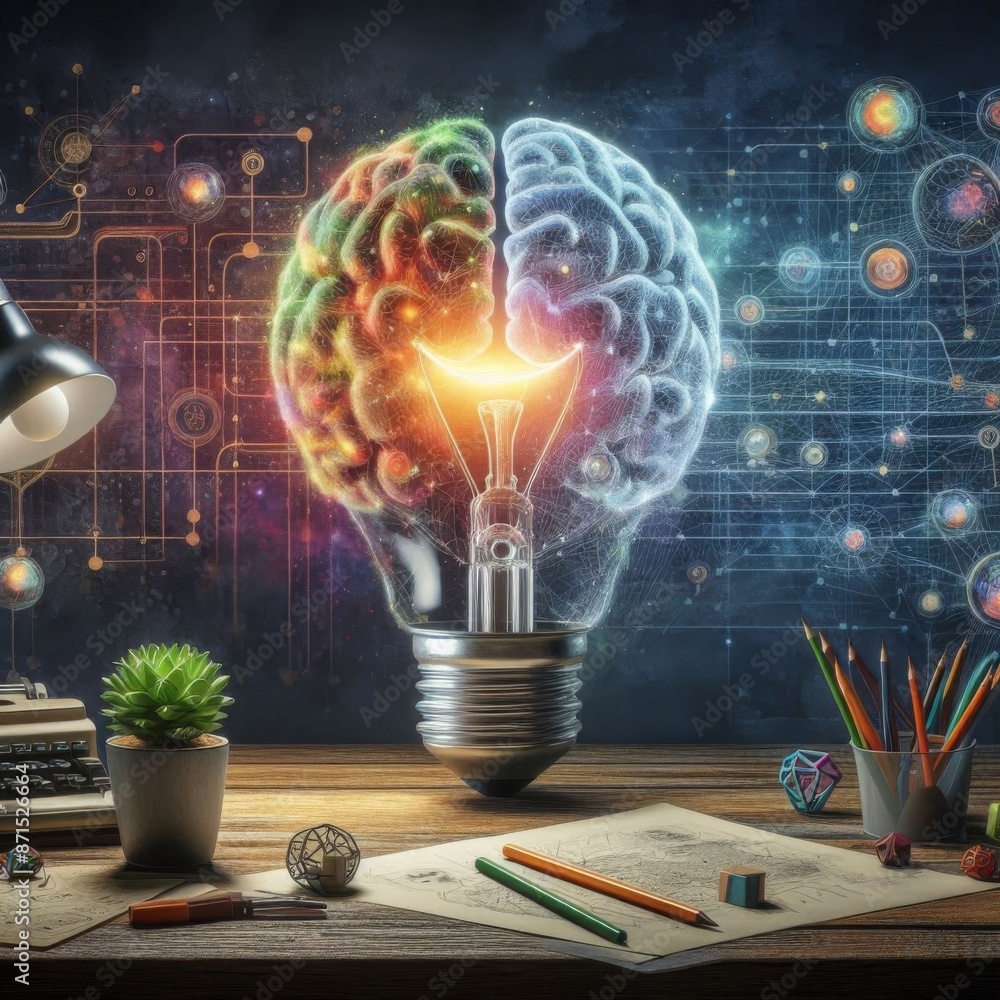 Poster evoke inventive thinking, design a scene where a bulb, symbolizing future tech, intersects with a br