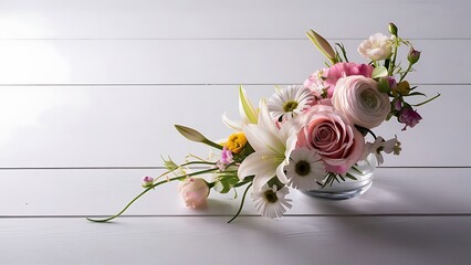 Beautiful flowers on white wooden background