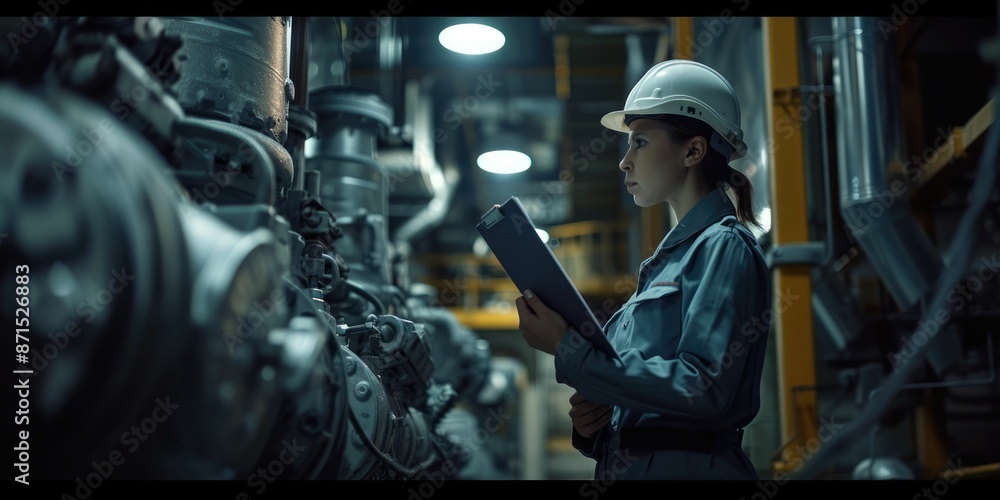 Poster smart engineer checking iron machine in factory while wearing safety helmet. professional industrial