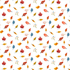 Seamless pattern autumn branch. Plant. Colorful leaves. Ornament in Scandinavian style. Hand drown. Flat vector illustration