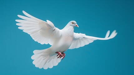 Fototapeta premium Free flying white pigeon isolated on a blue background