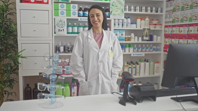 A smiling female pharmacist stands confidently in a white coat in front of shelves stocked with medications and health products in a well-lit pharmacy.