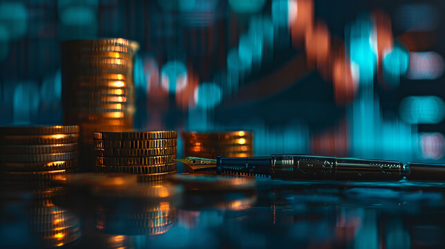 Economy and finance background with money coins , pen and stocks market graphs in blurry backdrop - Powered by Adobe