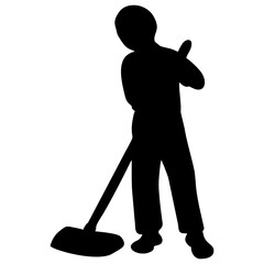silhouette of a person sweeping or mopping