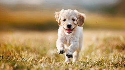 Happy puppy dashing through a field in evening light