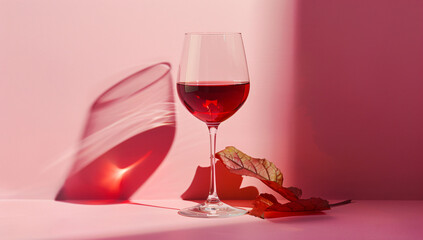 A glass of red wine stands on the table, with light and shadow on a pink background, in a minimalist style, as a product photograph, with high-definition details, under studio lighting, with a simple 