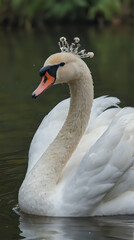 Fototapeta premium a white swan with a crown on its head swimming in the water