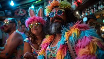 Vibrant Costume Swap Party at Nautical Bar with Burning Man Outfits and Neon Rabbit Suit
