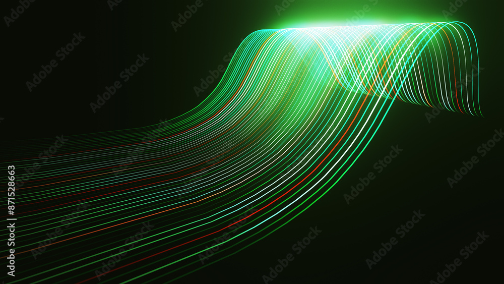 Poster abstract geometric green colorful glowing shiny 3d perspective view curved wavy lines background