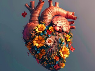 Naklejka premium Human heart with flowers, love and emotion concept, good hearted person, help and charity, - ai