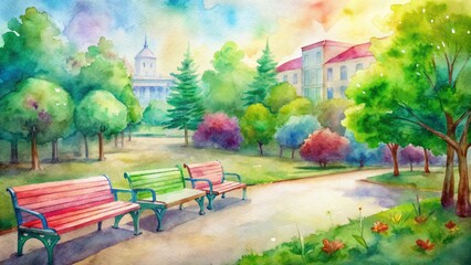 Obraz premium Colorful empty benches surrounded by vibrant greenery and iconic school buildings convey a sense of back to school season excitement.