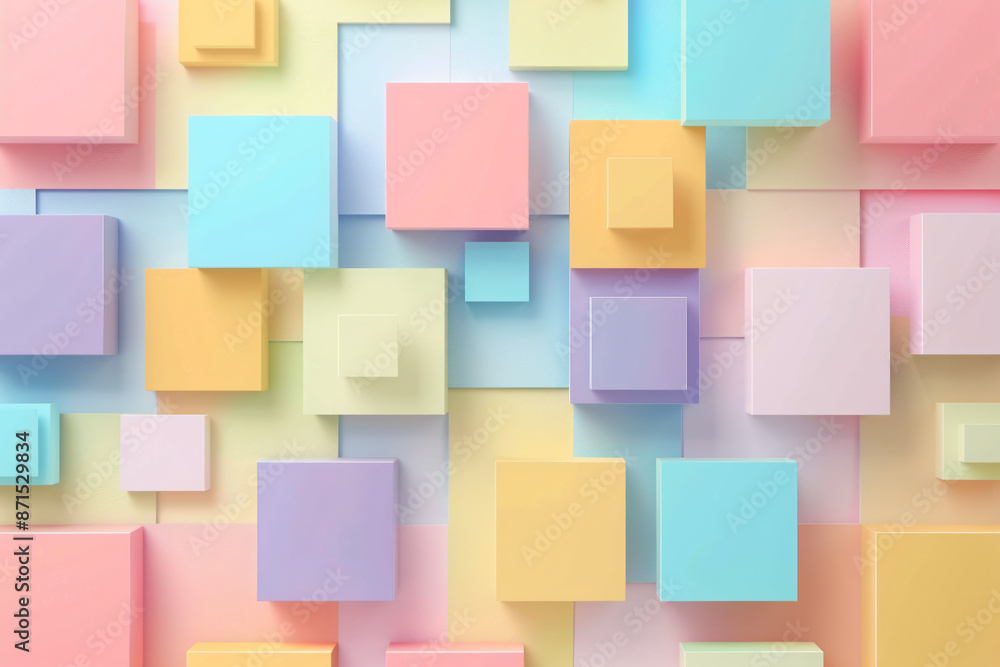 Poster 3d rendering of a geometric background with pastel colored squares for presentation design, web bann