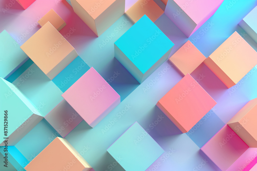 Poster 3d rendering of a geometric background with pastel colored squares for presentation design, web bann