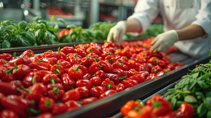 Operators sort fresh colored peppers on a conveyor belt. People in special clothing and gloves monitor and clean the organic vegetables. Agricultural technology.