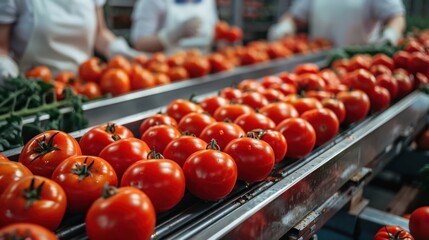 People in special clothing and gloves monitor and clean the environmentally green vegetables. Operators sort fresh, ripe tomatoes on a conveyor belt. Agricultural technology.