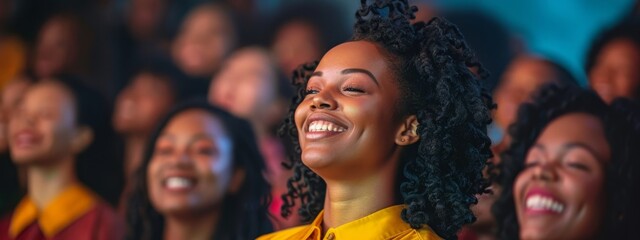 Fototapeta premium Women clustered, faces beaming, before a sea of yellow-clad ladies, all grinning