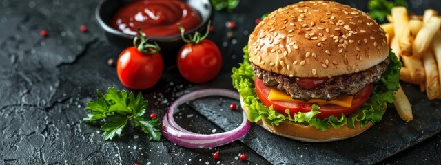 A hamburger on a slate board with lettuce, tomato, cheese, and french fries Served with ketchup