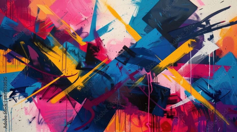 Poster a lively abstract artwork featuring bold splashes of color and dynamic brush strokes in various tone