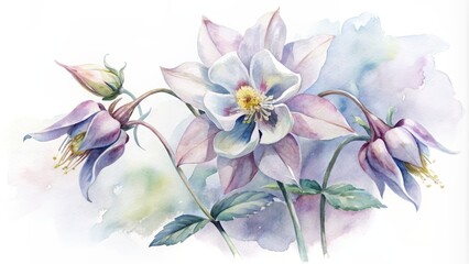 Illustrate an isolated on white background image featuring the graceful elegance of columbine flowers swaying gently in the wind.