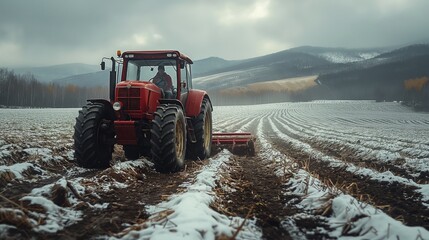 A farmer drives a red tractor across a snowy field, methodically plowing the frosty earth under a cloudy winter sky.