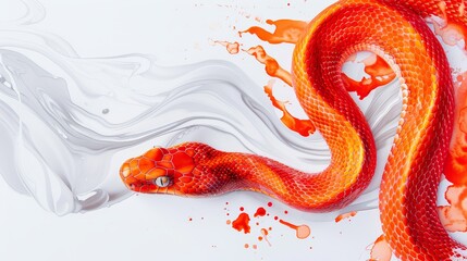 Obraz premium Psychedelic orange snake ready to strike, watercolor, gray backdrop, swirling vibrant colors, surreal atmosphere