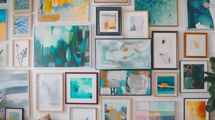 A gallery wall adorned with eclectic frames showcasing abstract artwork.