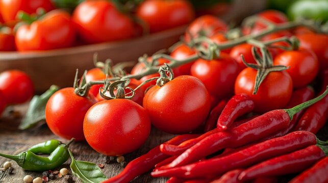 Vibrant red tomatoes and fiery chili peppers cluster amidst fresh green herbs, radiating freshness. - Powered by Adobe