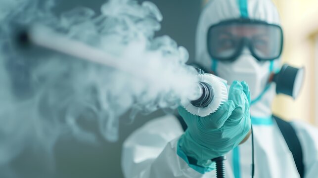 Pest control worker in full protective gear fumigating a residential area, high-tech equipment in hand, smoke rising, exterminator focused on eliminating pests, background of home exterior