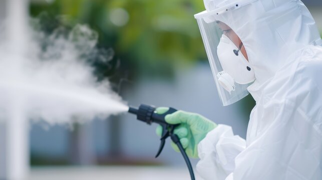 Protective-gear-clad exterminator fumigating an outdoor area, modern pest control equipment in use, detailed process of fumigation, concept of effective pest elimination