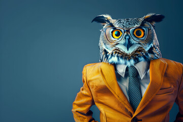 Fototapeta premium Cool looking owl bird wearing funky fashion dress - jacket, shirt, tie, glasses. Wide banner with space for text at side. Stylish animal posing.&nbsp;