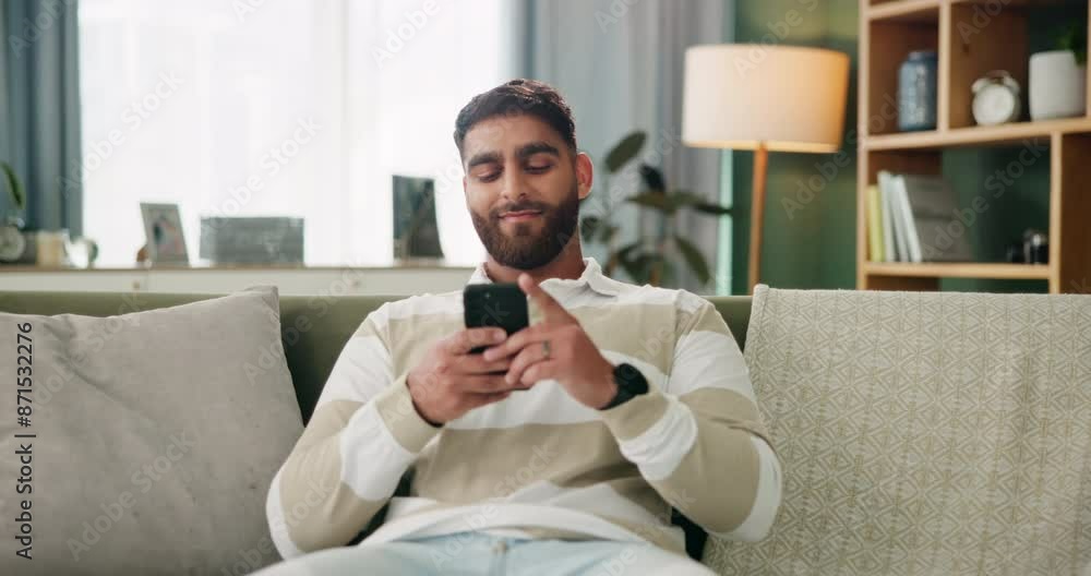 Poster Connection, relax and man on sofa with phone for communication, social media and internet scroll in home. Indian person, mobile and guy on couch for dating app, online number puzzle or download games