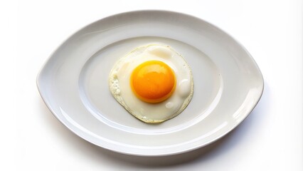 Solo, perfectly cooked, golden yolk fried egg centered on pristine white plate, contrasted against pure white background, invitingly shot from above.