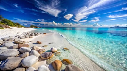 Serene beach scene featuring smooth grey stones scattered on powdery white sand alongside calm turquoise water and clear blue sky.