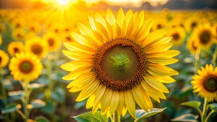 Obraz premium Vibrant yellow petals of a solitary sunflower fill the frame against a soft, serene natural background with golden ratio composition.