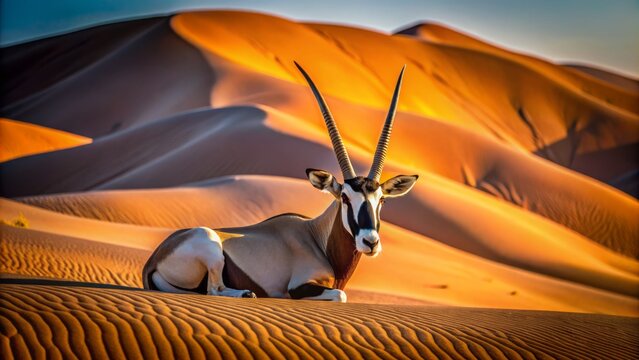 Magnificent gemsbok lies serenely on sand-soaked dunes in Sossusvlei, Namibia, with majestic horns and striking coat amidst surreal desert landscape.