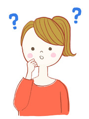 はてなマークと何かに疑問のある女の子のイラスト　高解像度350dpi PNG