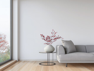 Minimalist luxurious interiors design composition in neutral colors with a modern coffee table next to a window. Luxury residential Real Estate.