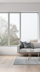 Fototapeta premium Minimalist luxurious interiors design composition in neutral colors with a modern coffee table next to a window. Luxury residential Real Estate.