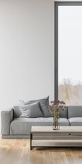 Minimalist luxurious interiors design composition in neutral colors with a modern coffee table next to a window. Luxury residential Real Estate.