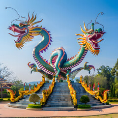 Obraz premium Colorful dragon sculpture stands tall under clear blue skies, symbolizing cultural heritage