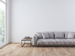 Minimalist luxurious interiors design composition in neutral colors with a modern coffee table next to a window. Luxury residential Real Estate.