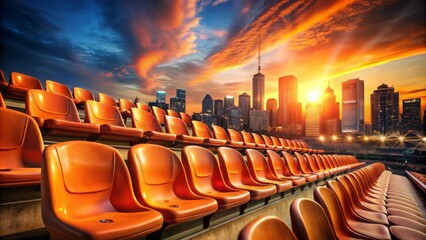 Empty stadium seats with blurred cityscape background, vibrant orange and dark tones, conveying energetic excitement of sports championship atmosphere.