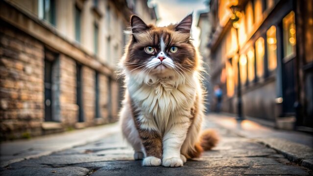 A disgruntled feline with ruffled whiskers and arched back staring indignantly at the camera on a gritty urban sidewalk.