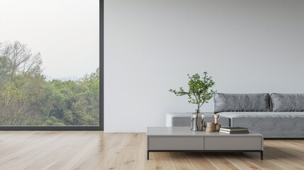 Minimalist luxurious interiors design composition in neutral colors with a modern coffee table next to a window. Luxury residential Real Estate.