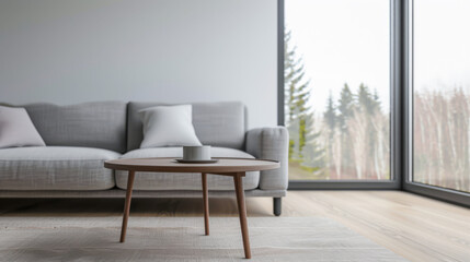 Minimalist luxurious interiors design composition in neutral colors with a modern coffee table next to a window. Luxury residential Real Estate.